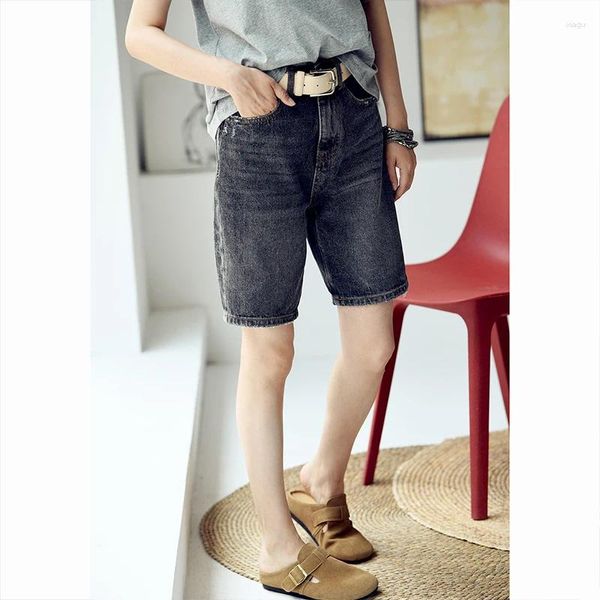 Jeans pour femmes MICOCO N9911C Artsy Wash White Ground Scratch Baggy taille haute jambe droite short en denim skinny