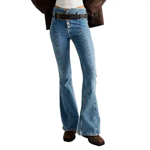 Jean taille moyenne évasé pour femme, pantalon en Denim doux et extensible, rétro, fermeture à boutons, ceinture incurvée, Slim à la cuisse
