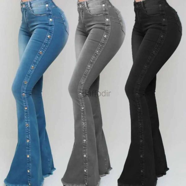 Jeans Femme Taille moyenne Stretch Flare Jeans femmes Denim pantalon large jambe bout à bout décontracté Style coréen maigre cloche bas poche pantalon 24328