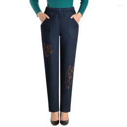 Jeans pour femmes Femmes d'âge moyen surdimensionné lâche denim pantalon droit polaire épaissir broderie pantalon décontracté femme automne hiver