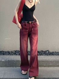 Jean femme MINGLIUSILI jean rouge automne Vintage rouge lavage jean jambe droite en détresse pantalon ample polyvalent 230308