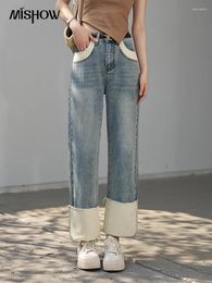 Jeans pour femmes Mishow rétro contraste couleur printemps été 2024 taille haute mince jambe large mince femme cheville longueur pantalon MXC14K0016
