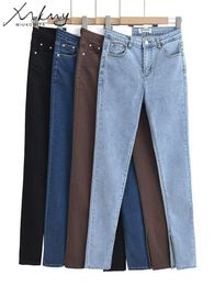 Jeans de mujer MiuKoMiYa Alto Cintura alta Flaco para mujer Otoño Elástico Pantalones marrones Pantalones de mezclilla Azul claro Jean dividido completo 230826