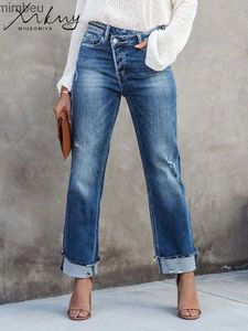 Damesjeans MiuKoMiYa Damesjeans met hoge taille Gebroken denimbroek Gescheurde slanke blauwe rechte jeans Pull-up casual losse jeans voor damesC24318