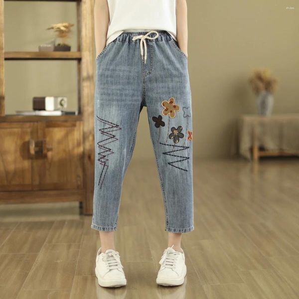 Jeans pour femmes Mori Kei Femmes Japon Style Vintage Floral Broder Harem Taille Haute 2024 Cordon Denim Pantalon Pantalon