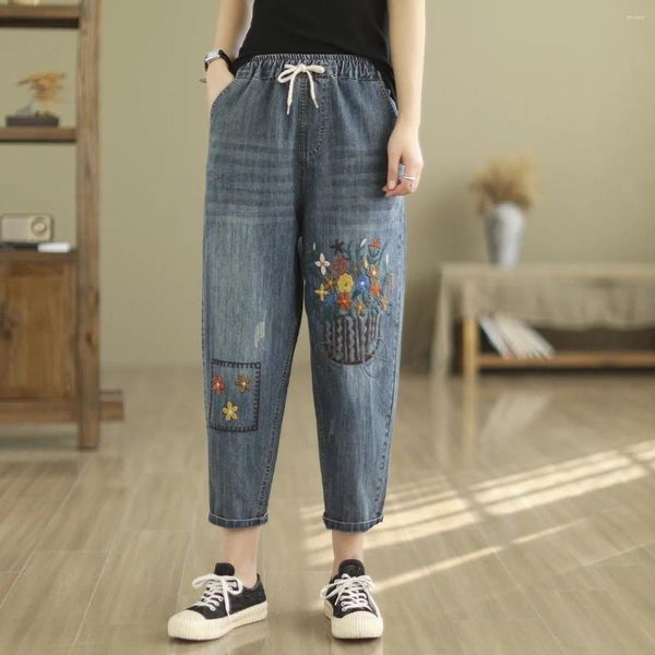 Jeans pour femmes Mori Kei Femmes Printemps Automne Bouquets de fleurs Broderie Lâche Denim Harem Pantalon Japonais Vintage Vêtements