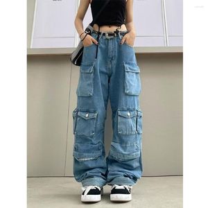 Women's Jeans Multi-Pocket Blue Washed Cargo Pants Y2k Retro High Street Fashion Waist Couple Harajuku Simple Casual Wide Leg
