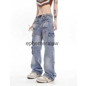 Jeans pour femmes multi-poches Hot Girl Y2K American Retro All Match Washed Blue Outillage Jeans Femmes Quatre Saisons Niche Taille Haute Pantalon de nettoyage éphémère