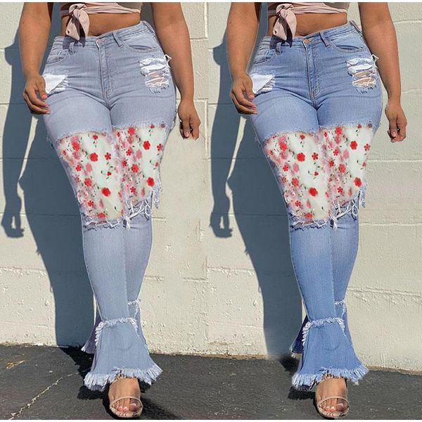 Jeans para mujer Flor multicolor Bordado Malla Sheer Boho Patchwork Denim Joggers Mujeres Primavera Elástico Ripped Flare Flare Bell Bottom