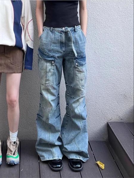 Jean femme multifonctionnel mode plié Patchwork Cargo Y2K taille haute ample 2023 pantalon large