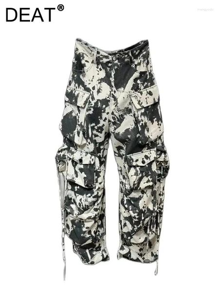 Pantalones vaqueros de mujer con múltiples bolsillos, pantalones Cargo con estampado de camuflaje Tie-dye de Color contrastante, moda de verano 2024 7AB3572