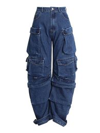 Jeans pour femmes Multipocket personnalité design couleur unie y2k baggy jean high street hiphop jambe large décontracté droite taille haute 230821