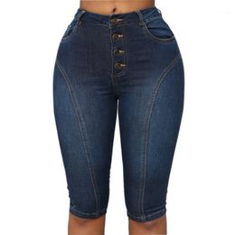 Jeans para mujer MUQGEW Pantalones cortos de verano Mujeres Streetwear High Cintura Botón Abajo Bolsillos Denim Flaco Pantalones hasta la rodilla # G4
