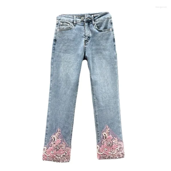 Jeans para mujeres Pantalones recortados de estilo nacional 2024 Spring Summer High Wisting Diamante Diamante Bordado Skinny