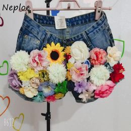 Jeans féminins Neploe haute taille couleur un pantalon de jambe large perle perle les shorts de fleurs stéréo lourds y2k vetement féminin pantalones corctos