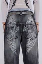 Jeans pour femmes New Retro Go Jeans délavés perforés en détresse pour femmes avec imprimé aile d'inspiration rétro et jean taille haute à jambe largeyolq