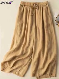 Jeans pour femmes Nouveaux couleurs solides d'été coton lin divisé le jambe large pantalon vintage haute taille décontractée pantnes pantnes femmes cheville-longueur spodnie y240422