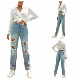 Jeans para mujer Niza Mujeres Casual Ripped Adultos Color Sólido Pantalones de cintura alta con bolsillo (azul)