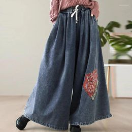 Jeans pour femmes NINI WONDERLAND 2024 Printemps Coton Denim Brodé Vintage Femmes Taille élastique Lâche Pantalon large Automne Casual