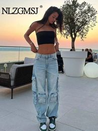 Jeans pour femmes Nlzgmsj TRAF Mode Mid Taille Vintage Summer Casual Street Pantalon ample Femme Poche Pantalon de travail