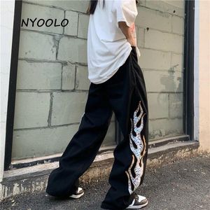 Jeans pour femmes nyoolo vintage streetwear flamme broderie conception haute taille hip hop lavé femmes hommes vêtements pantalon goth oversize