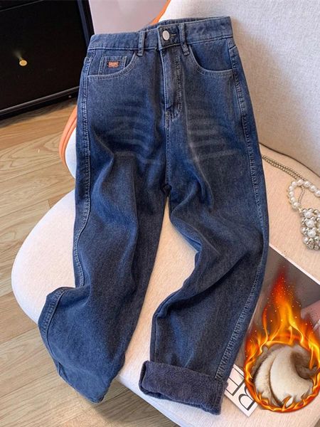 Jeans pour femmes Oiinaa taille haute femmes velours épaissir chaud streetwear poches rayées jambe large mode pantalon droit