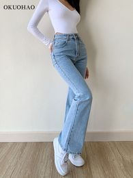 Damesjeans Okuohao skinny bell bodem jeans hoge taille stretch rechte slanke fit wijd uitlopende denim broek mode casual wassen zwarte y2k broek 230311