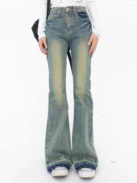 Jeans para mujer Pantalones acampanados micro de mezclilla lavados viejos para mujeres en otoño de 2023 Estilo americano Street Spicy Girl Slim Fit Tubo recto