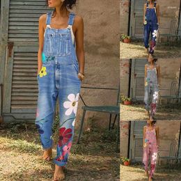 Damesjeans One Piece denim jumpsuit voor vrouwen Vintage mouwloze spaghetti -band Floral Print Overalls Ladies Casual Jean Bodysuits