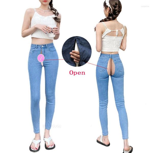 Jeans pour femmes Pantalon ouvert à l'entrejambe Sexy Skinny Hip Lifting avec fermeture à glissière invisible à double tête pour les rendez-vous avec les femmes incontournables