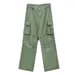 Jeans féminins Original Retro Army Green Cargo Femmes décontractées pantalon de jean droit lâche Dames Ligne de la jambe large pantalon printemps automne 2024