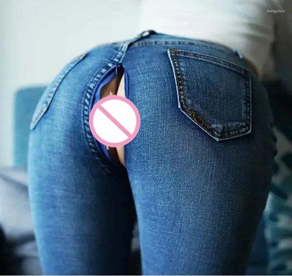 Jeans pour femmes extérieur invisible ouvre-entretoi bleu grand ouverture sexe urine pantalon pratique pantalon serré slinom