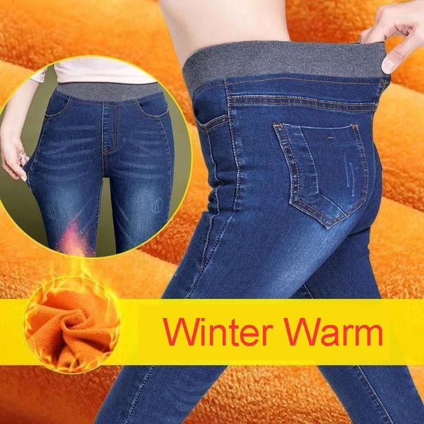 Jeans pour femmes surdimensionné 38 hiver plus velours crayon femmes taille haute élastique décontracté chaud épais vaqueros lavage peluche maigre denim pantalon