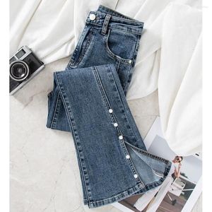 Jeans femme surdimensionné perle fendu Design Flare femmes mode coréenne maigre cheville longueur Denim pantalon taille haute pantalon mince