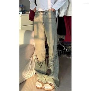 Dames jeans oversized Amerikaanse high street sfeerstijl gele modder geverfde vintage riem wassen recht losse brede been broek
