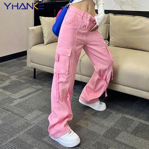Jeans para mujeres Pantalones de carga de gran tamaño Pantalones de chándal Lace Up Ribbon Low Rise Capris Pink Capris Casual Streetwear Faggy Y2K