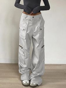 Jeans pour femmes surdimensionné gris cargo jeans streetwear fermeture éclair grande poche patchwork baggy denim pantalon femme pantalon décontracté coréen y2k 231025