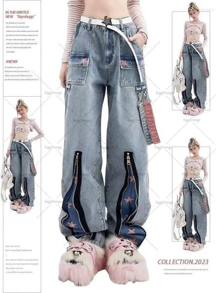 Jeans para mujer de gran tamaño de cintura alta con estampado de estrellas y costuras para mujer 2024 talla grande MM estilo americano herramientas de calle pantalones de pierna ancha