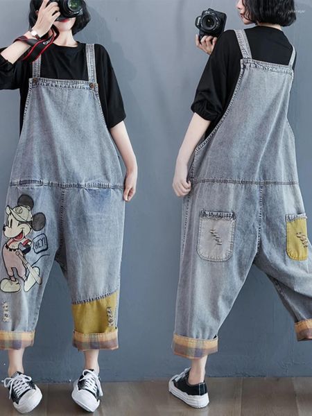 Jeans pour femmes surdimensionnet dessin animé imprimé denim suspension pantalon femmes automne western style salopette d'apparence jeune