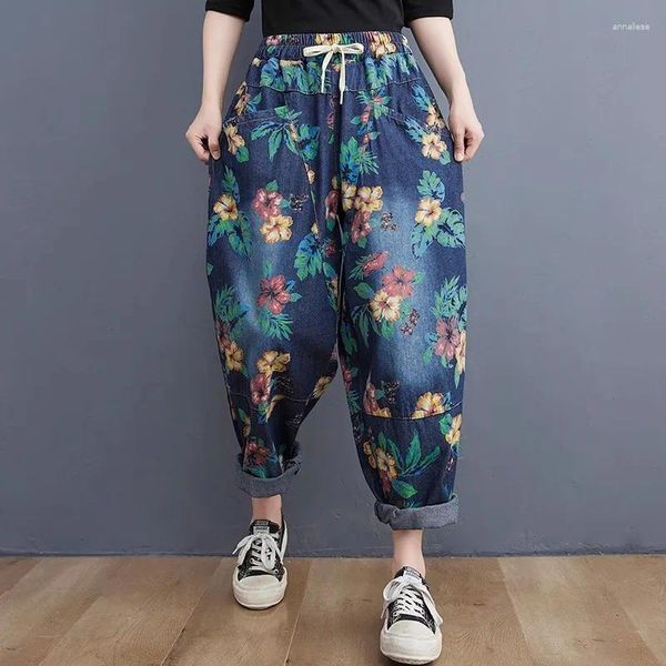 Jeans pour femmes surdimensionné printemps été décontracté pantalon en denim lâche vintage floral femme taille haute 2024 pantalon femme sarouel automne