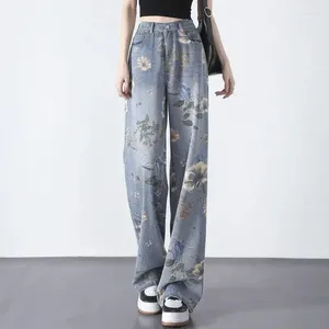 Jeans de mujer pintados mujeres 2024 primavera y otoño pantalones de pierna ancha impreso estilo chino diseño sentido nicho recto