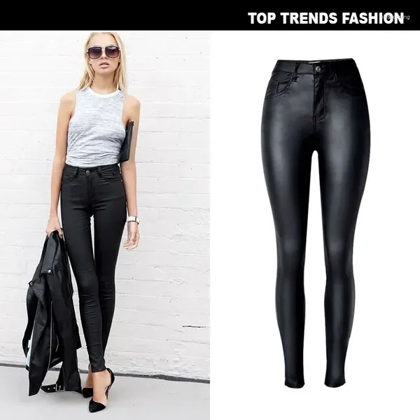 Jeans pour femmes pantalons hauts hauts slim fit en peluche en faux cuir pantalon denim leggings pu poches moto