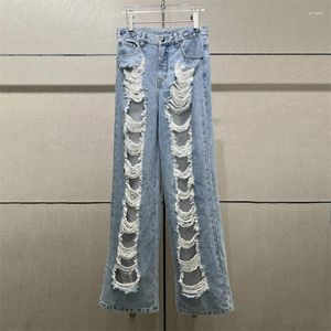 Pantalon en jean pour femme, mode coréenne, maille strass, Patchwork, coton ajouré, dessin déchiré, jambe large, Y2k, automne 2023