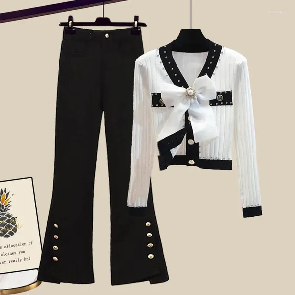 Pantalon en jean pour femme, haut tricoté avec nœud coréen, noir, mode décontractée, costume français, automne