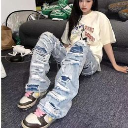 Pantalon de jeans pour femmes capris Ripped Femmes Y2K Streetwear Empilé Hole Vintage Fashion Fashion Original Designer Baddie Wide New Kpop Grunge Denim