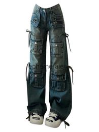 Pantalones vaqueros para mujer Capris Mujeres BF Estilo Y2K Streetwear Harajuku Baggy Multi-Bolsillo Azul Denim Cargo Bajo Cintura Pierna ancha 2000s Estética KPOP