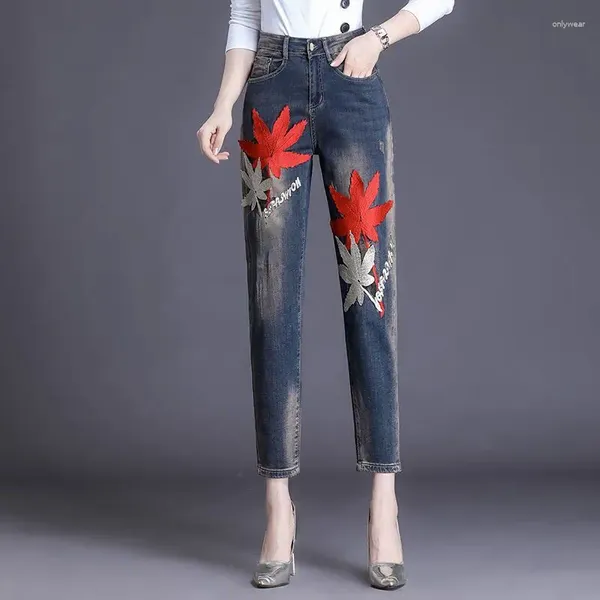 Pantalon en jean bleu brodé pour femmes, taille haute, S avec poches, tendance, Hippie, Streetwear, pantalon Spanx A Z, 2024