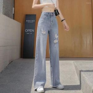 Pantalon jean femme avec trous bleu déchiré taille haute S pantalon jambe droite poches pantalon extensible Hippie Emo