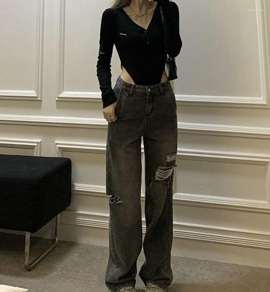 Pantalon de jeans pour femmes pour femmes pantalons de jambe droite déchirés avec des trous poches déchirées tendance noire 2023 Loosefit 90s Office Z Cowboy