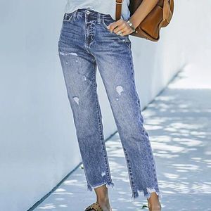 Dames jeans broek hoge taille rechte been denim gescheurde broek dames casual mode rek blauw 2023